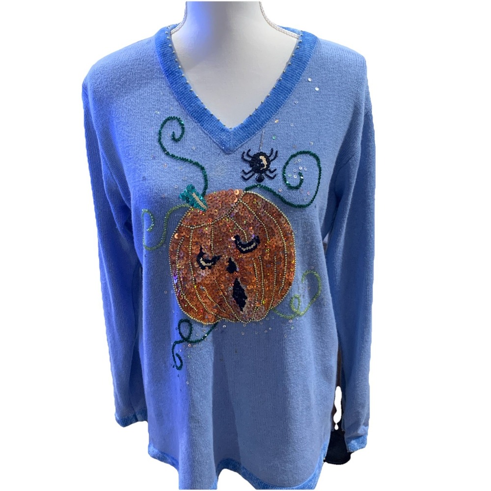 Quacker Factory Halloween Sequin Jack O'lantern Spider Blue Sweater Womens M